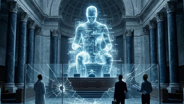 Glowing AI figure looms over professionals in a courthouse as liability laws tighten.