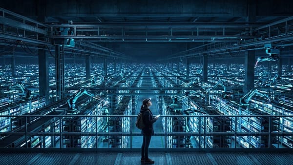 A lone shopper watches AI bots scan endless retail shelves in a vast automated warehouse.