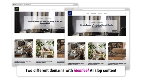Two domains, same AI-generated articles and images - AutoBait's identical content across MFA sites.
