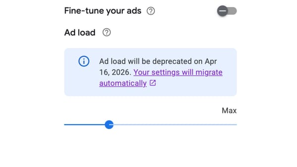 The AdSense ad load slider set near mid-range, showing deprecation notice for April 16, 2026.