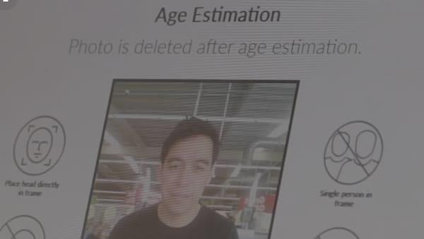 Yoti's age estimation interface showing facial scan with the claim that photos are deleted after use.