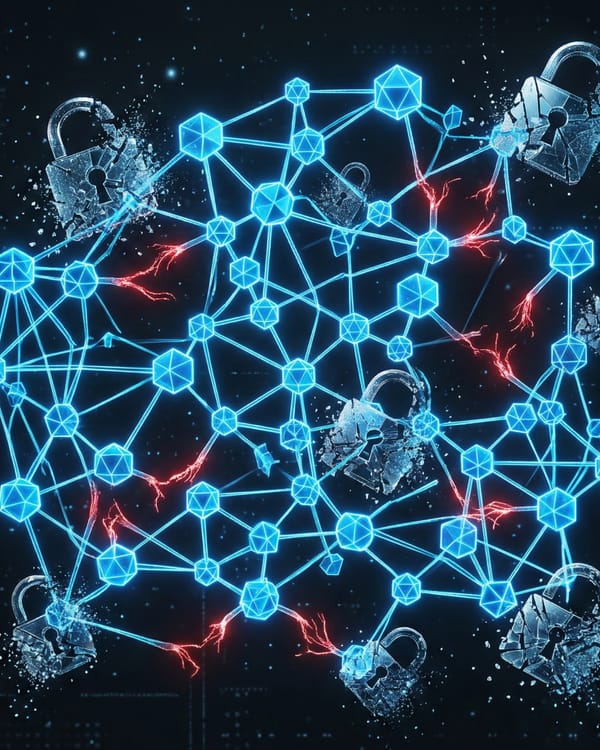 Broken padlocks scattered across a glowing AI node network with red fracture lines.
