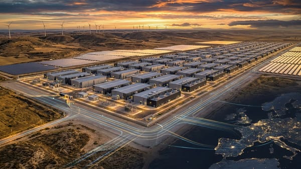 AWS data center campus in Aragón, Spain, with solar farms, wind turbines, and European network links.