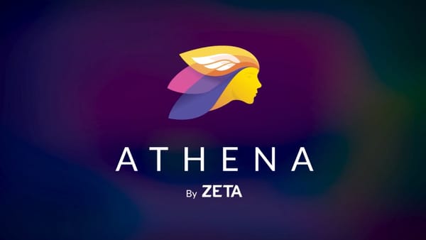 Athena by Zeta logo featuring a stylized face with colorful feathers on a dark background.