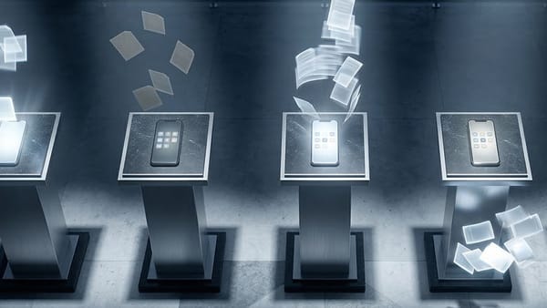 Five smartphones on auction podiums with floating bid cards, symbolizing Apple Ads auction dynamics.