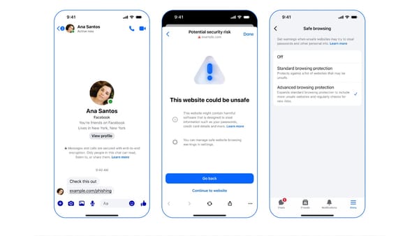 Messenger's Safe Browsing warning screen and Advanced Browsing Protection settings on mobile.