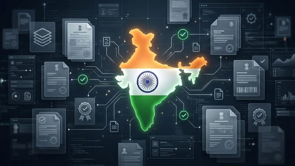 India map with flag colors linked to government document certification icons and ad policy checks.