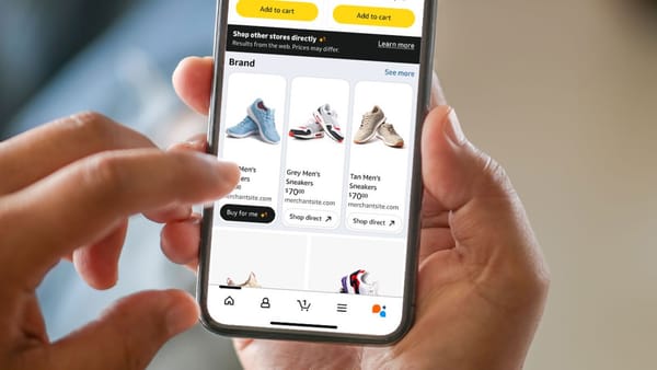 Amazon Shopping app showing Shop Direct results with Buy for Me and Shop Direct buttons for sneakers.