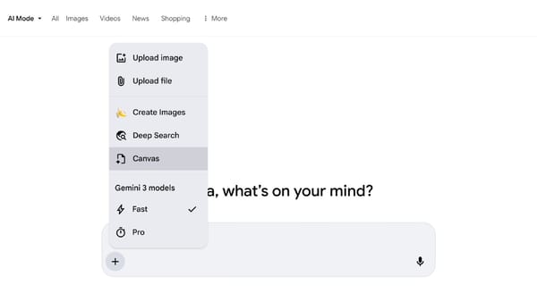 Canvas option highlighted in Google AI Mode's tool menu alongside upload and Deep Search options.