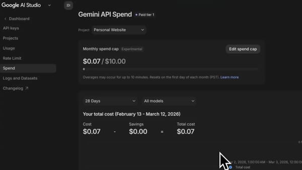 Google AI Studio Spend tab showing monthly spend cap set to $10 with $0.07 used on Paid tier 1