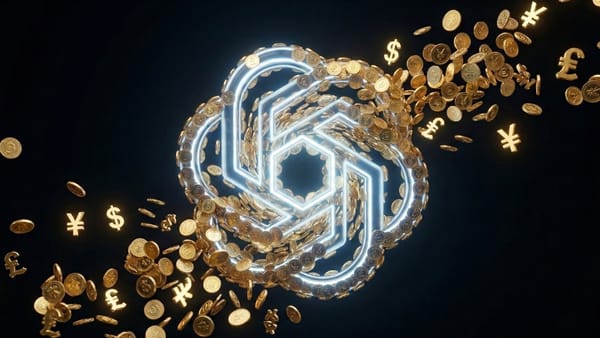 ChatGPT logo surrounded by gold coins and currency symbols as OpenAI enters advertising.