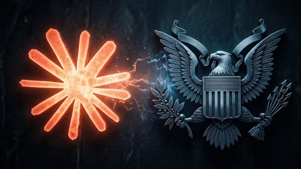 Claude AI starburst logo clashes with US government eagle seal in legal battle over AI safety.