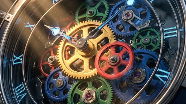 Colorful interlocking clock gears in Google colors illustrating core update components rolling out.