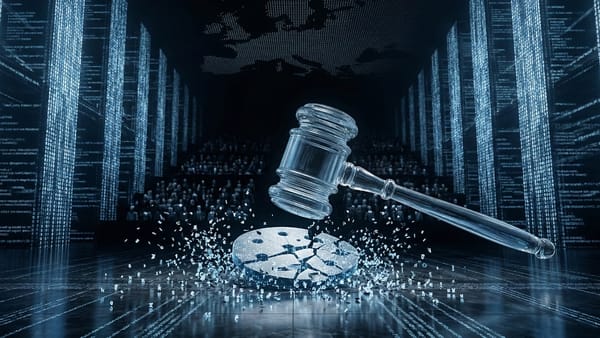 Gavel shattering a cookie symbol inside a data-filled courthouse, Europe map overhead.