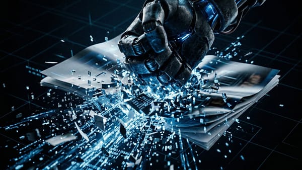 Robotic fist shattering glossy magazines into digital fragments, symbolizing AI's impact on publishing.