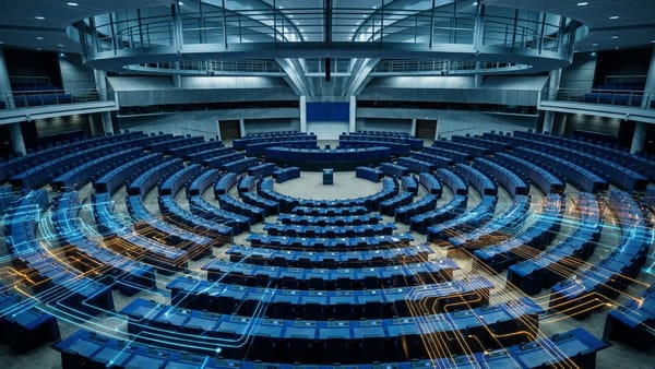 European Parliament hemicycle with AI circuit overlays symbolising EU AI Act regulation.