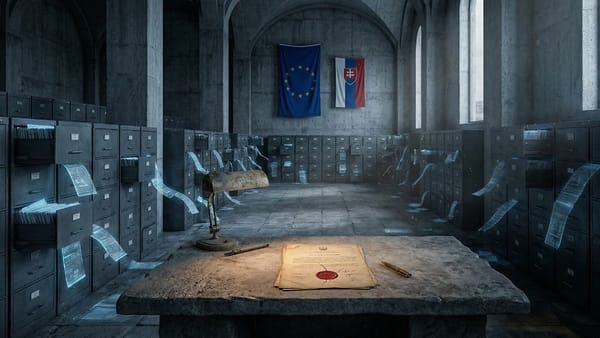 Slovak DPA archive with EU and Slovak flags, sealed document, data files drifting untouched.