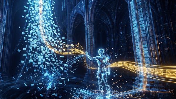 AI agent filters a flood of emails in a digital cathedral, sorting gold from static.