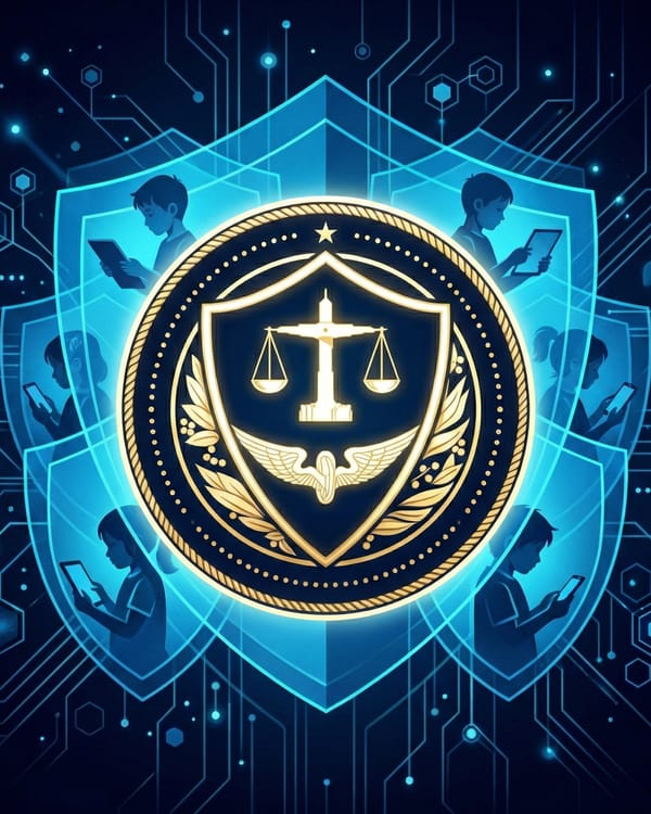 FTC seal shields children using devices online, surrounded by digital protection layers.