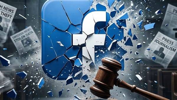 Gavel shatters Facebook logo as Swedish publishers expel Meta over fake ads fraud.