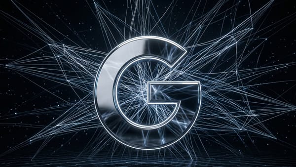 Google's chrome "G" logo radiating web crawl threads across a dark digital network void.