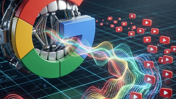 Robotic Google logo emitting AI sound waves transforming into video play buttons on a digital grid.