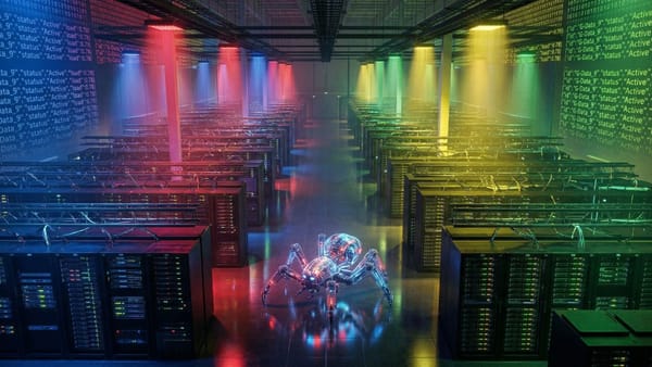 Googlebot crawls a server room bathed in Google's four colors, fetching bytes across the web.