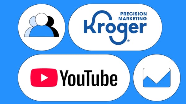 Kroger Precision Marketing and YouTube logos on blue background for Google Commerce Media Suite.