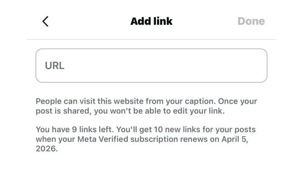 Instagram's "Add link" screen showing URL field and 10-link monthly cap for Meta Verified users.