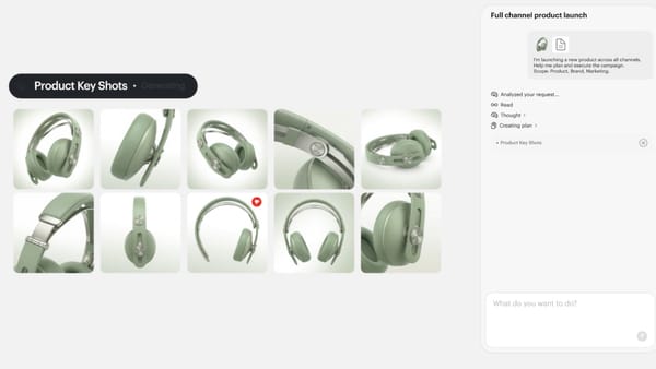 Luma Agent generating product key shots of sage green headphones for a full channel launch.