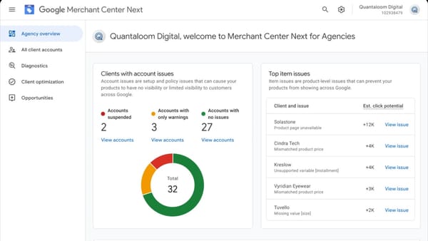 Google Merchant Center for Agencies dashboard showing account health status and top item issues.