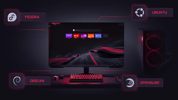 Opera GX gaming browser running on Linux, showing support for Fedora, Ubuntu, Debian, and openSUSE.