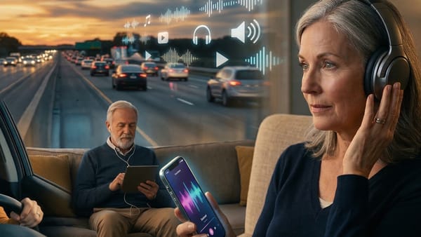 Older Americans listening to podcasts via headphones and smartphone at home and in the car.