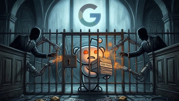 Reddit's Snoo mascot behind bars clutching user posts as robotic API arms breach the gate.