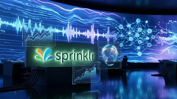 Sprinklr fiscal 2026 results: AI platform data streams and financial charts in control room.