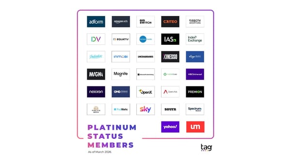 TAG Platinum Status Members as of March 2026 - 32 companies earning 3+ certification seals.