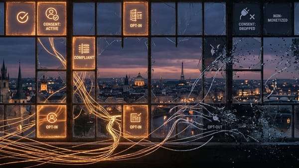Fractured window over European skyline splits compliant and dropped ad consent states at dusk.