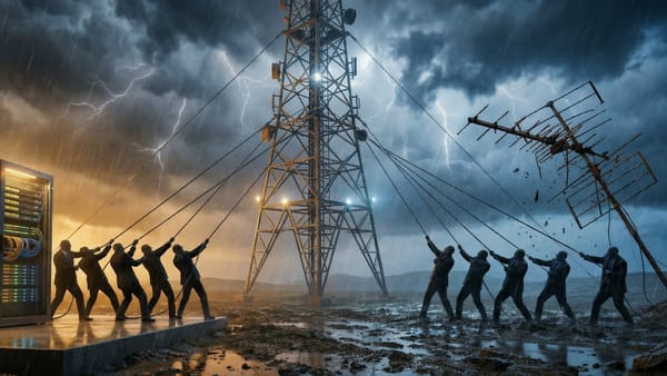 Suited figures pull cables in a storm, tearing a broadcast tower between streaming and linear TV.