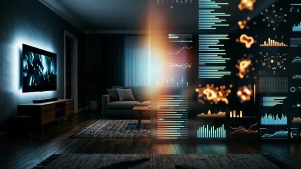 TV screen in dark living room merging with audience measurement data dashboards and analytics charts