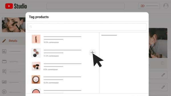 YouTube Studio product tagging interface showing commission rates between 8.5% and 11.2% for beauty items.