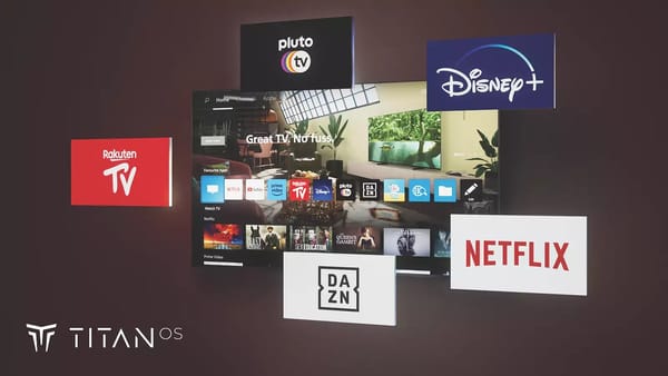 Titan OS home screen on smart TV showing Netflix, Disney+, DAZN, and Pluto TV apps.