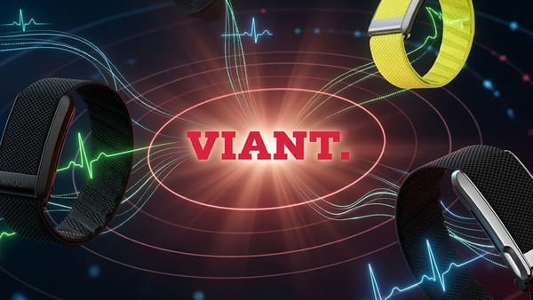 Viant logo surrounded by WHOOP fitness bands with biometric pulse lines on dark background.