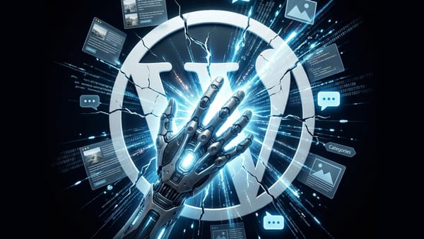 Robotic hand breaking through WordPress logo releasing AI-powered content blocks and data streams.