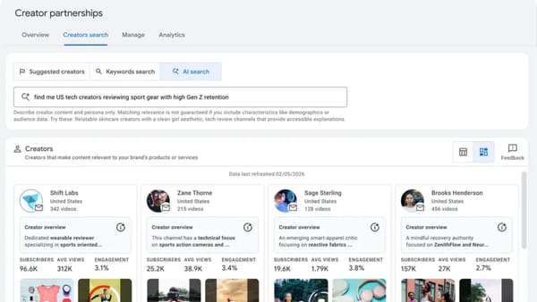Creators search tab in YouTube Creator Partnerships showing AI search and creator metrics.