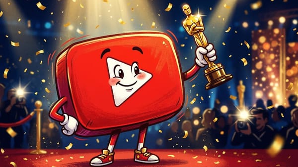 YouTube play button character holding Oscar statuette on red carpet at the 98th Academy Awards 2026.