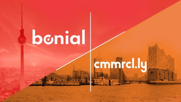 Bonial and cmmrcl.ly logos over Berlin and Hamburg skylines, marking the acquisition deal.