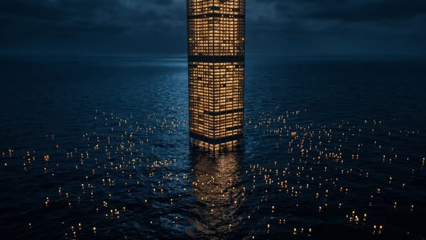 A lone skyscraper towers over hundreds of tiny lights floating in a dark ocean at night.