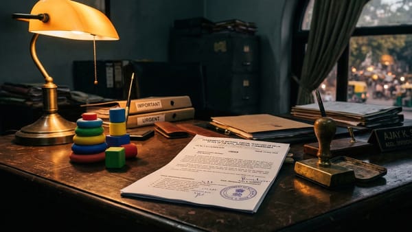 Indian government desk with legal order, children's toy, and official stamp in New Delhi office.