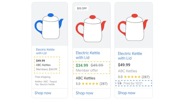 Google Shopping loyalty program showing member pricing, strikethrough offers, and free shipping perks.