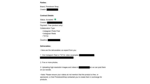 PhotobookShop influencer contract instructing creators not to disclose free products.